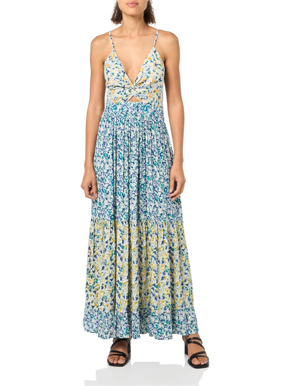 Angie ditsy blue green and yellow floral twist front maxi dress